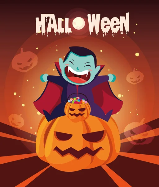 Affiche Halloween avec garçon déguisé de vampire — Image vectorielle