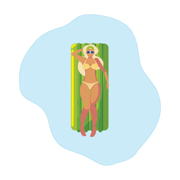 Mulher bonita com colchão flutuante flutuando na água — Vetor de Stock