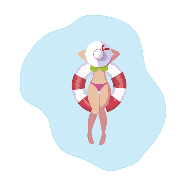 Woman with swimsuit and lifeguard float floating in water — Stock Vector
