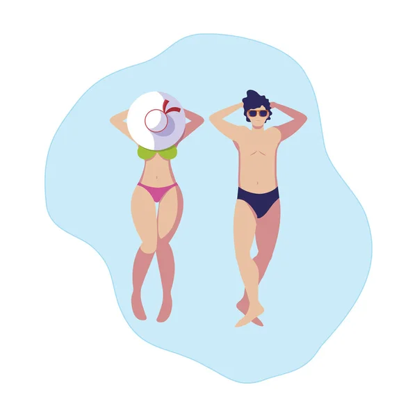 Pareja joven con traje de baño flotando en el agua — Vector de stock