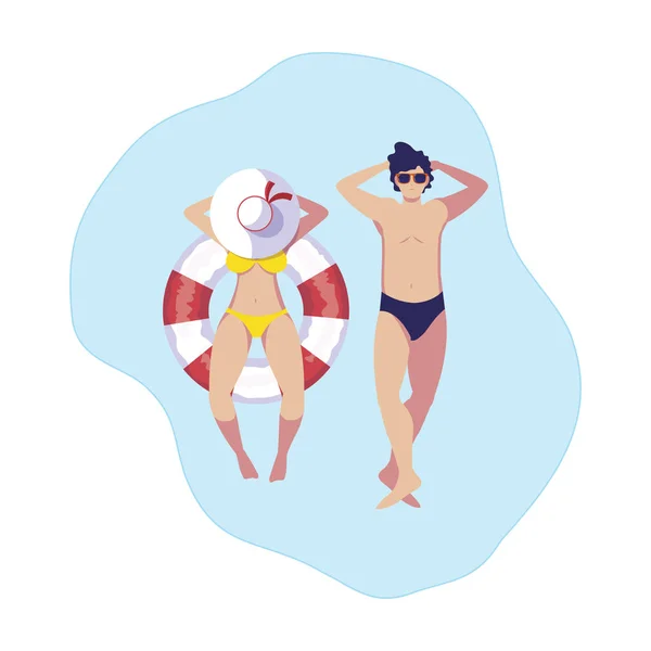 Mayo ile genç çift ve suda yüzer — Stok Vektör