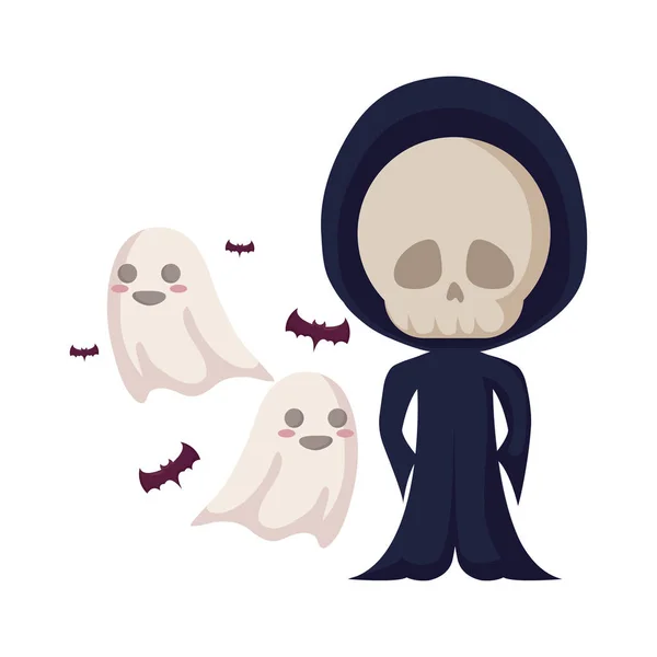 Garçon déguisé en crâne mort avec des icônes Halloween — Image vectorielle