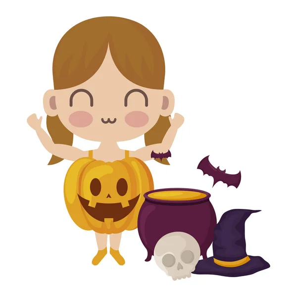 Meisje vermomd als een pompoen met pictogrammen Halloween — Stockvector