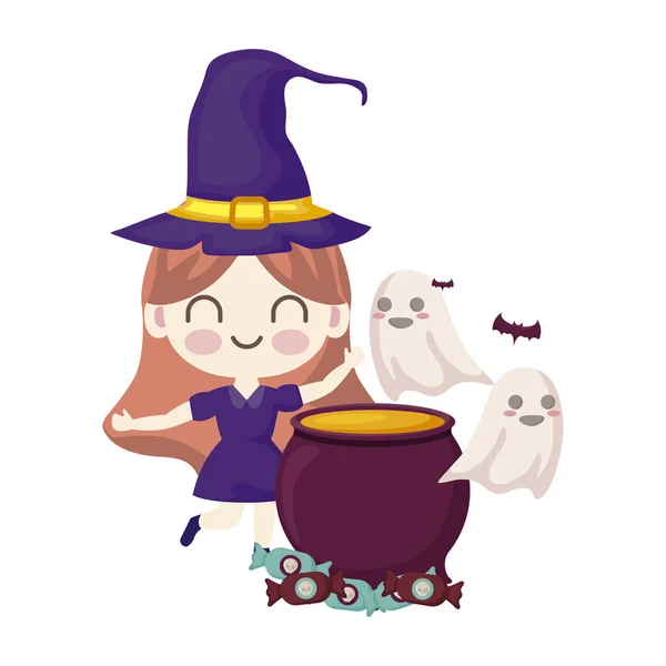 Mädchen verkleidet als Hexe mit Symbolen zu Halloween — Stockvektor
