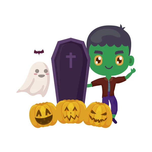 Chlapec maskovaný jako Frankenstein s ikonami na Halloween — Stockový vektor
