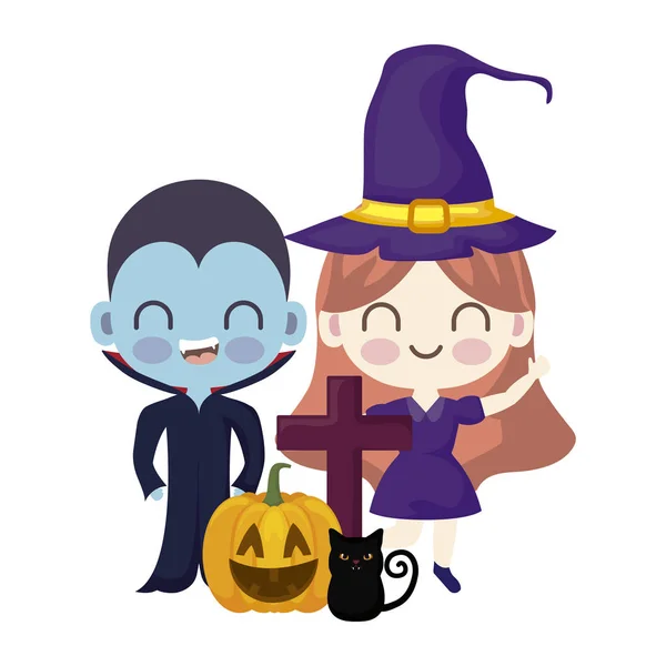 Rozkošné děti maskované ikonami Halloween — Stockový vektor