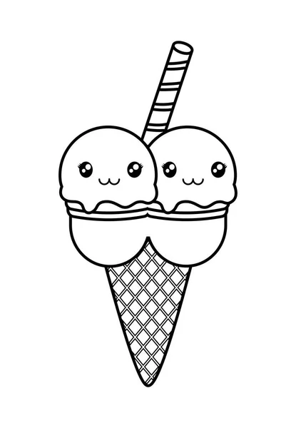 かわいいアイスクリームモノクロ可愛いキャラクター — ストックベクタ
