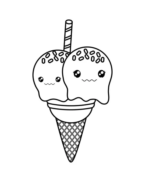 Karakter cute ice cream monochrome kawaii - Stok Vektor