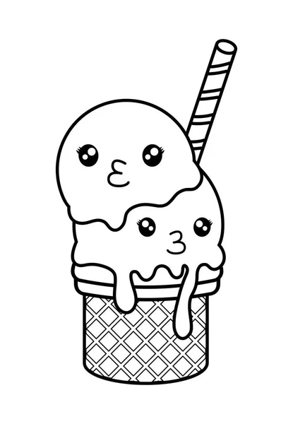 可爱的冰淇淋单色卡瓦伊字符 — 图库矢量图片