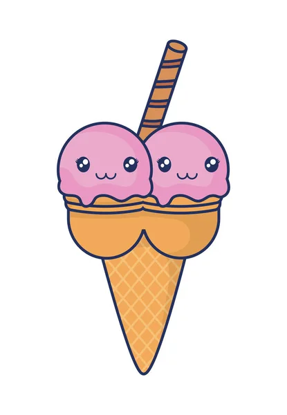 귀여운 아이스크림 화려한 가와이이 캐릭터 — 스톡 벡터