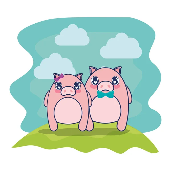 かわいい豚カップルキャラクターベクトルイラスト — ストックベクタ