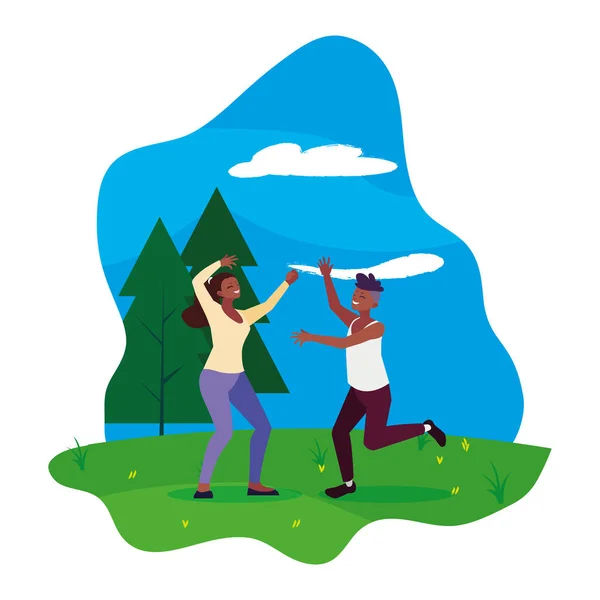 Feliz joven pareja celebrando en el campamento — Vector de stock