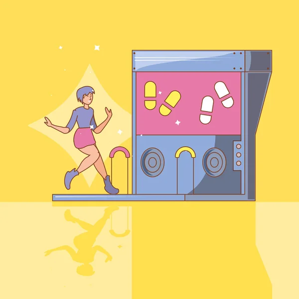 Žena v herní konzole mincí s tančící schůdky — Stockový vektor