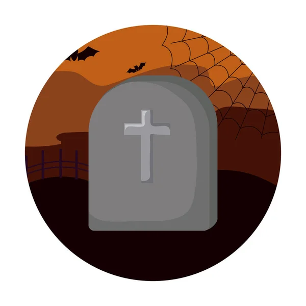 Pierre tombale et chauves-souris survolant la scène d'Halloween — Image vectorielle