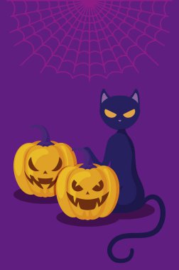 cadılar bayramı sahnesinde kedi ile kabaklar