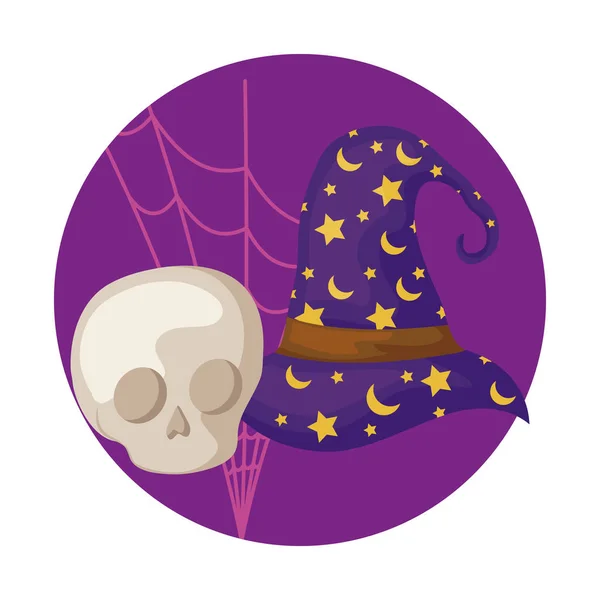 Skull dead with wizard hat halloween scene — Stock Vector