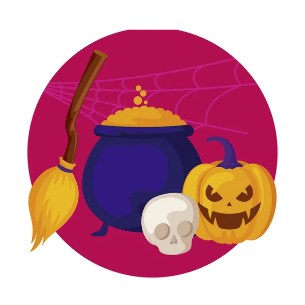 Kürbis mit Hexenkessel und Ikonen zu Halloween — Stockvektor