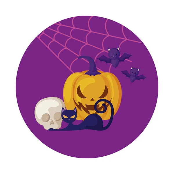 Kürbisse mit Katze in der Halloween-Szene — Stockvektor