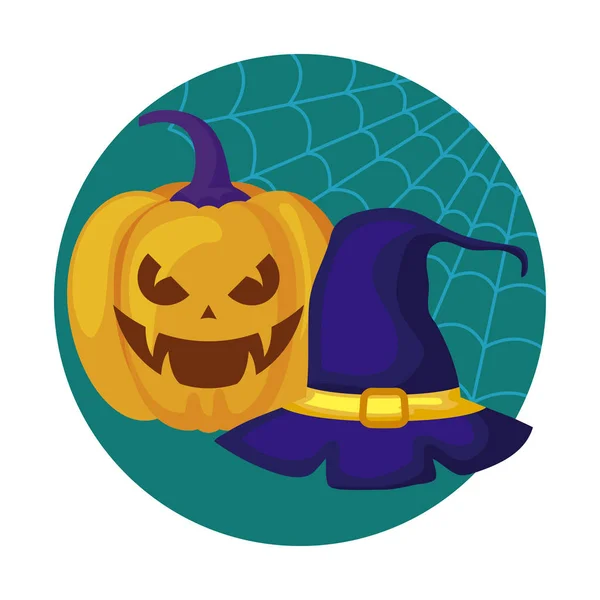 Halloween dynia tradycyjny z czarownica kapelusz — Wektor stockowy