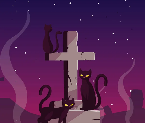 Chrześcijański krzyż z czarnym kotów w scenie Halloween — Wektor stockowy