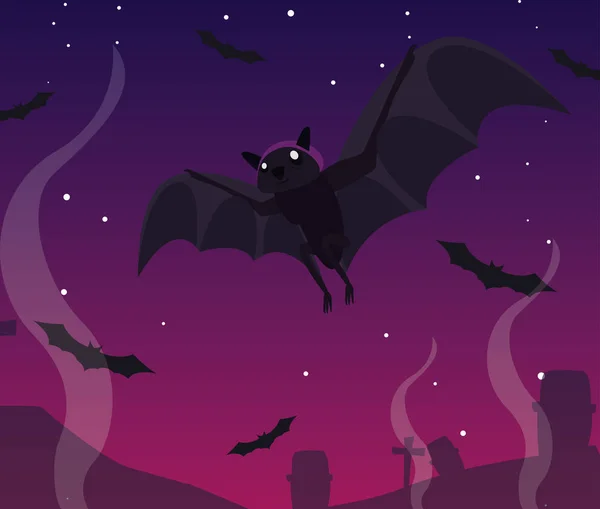 Murciélagos volando en la escena de Halloween — Vector de stock