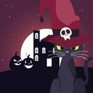 cadılar bayramı sahnesinde korkunç kale ile siyah kedi