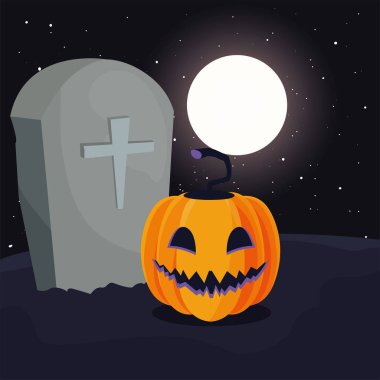 mezarlık sahnesinde korku yüzü ile halloween kabak