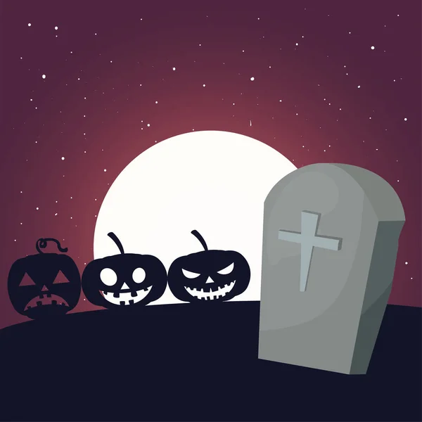 Halloween pompoen met angst gezicht in begraafplaats scène — Stockvector