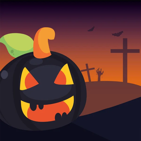 Halloween-Kürbis mit Angstgesicht in Friedhofsszene — Stockvektor