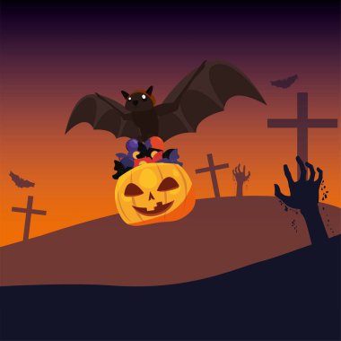 mezarlık sahnesinde cadılar bayramı balkabağı ve uçan yarasa