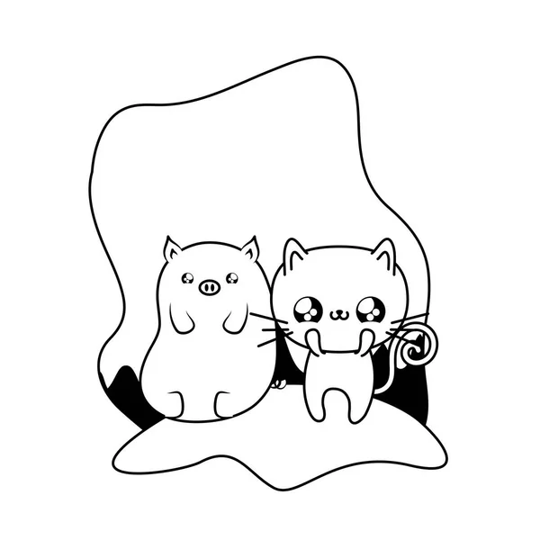 Piggy bebek hayvanlar kawaii ile sevimli kedi — Stok Vektör