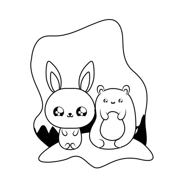 Lindo conejo con oso bebé animales kawaii — Archivo Imágenes Vectoriales