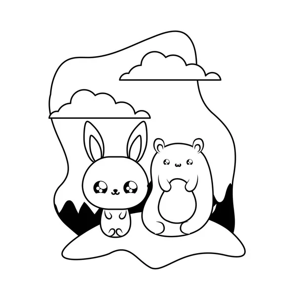 Милый кролик с медвежонком животных кавайи — стоковый вектор