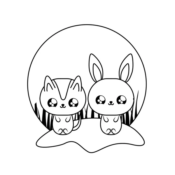 Niedliche Katze mit Kaninchenbaby Tiere kawaii — Stockvektor