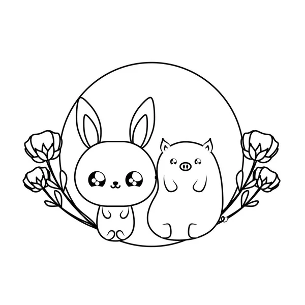 Lindo conejo con cerdito bebé animales kawaii — Archivo Imágenes Vectoriales