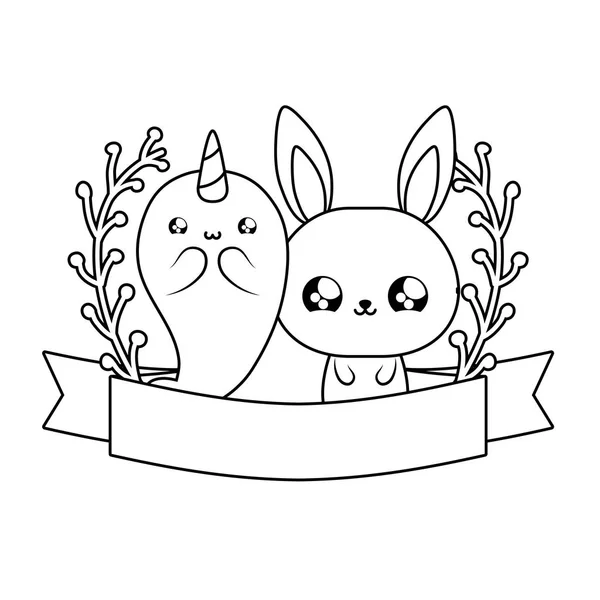 Narval bonito com coelho bebê animais kawaii —  Vetores de Stock