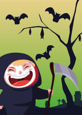 cadılar bayramı sahnesinde ölüm kılığında sevimli çocuk