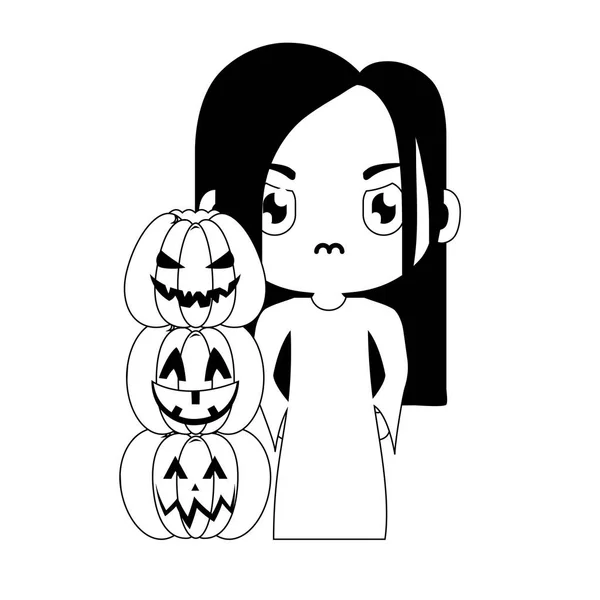 Silhouet van meisje vermomd als een zombie met pictogrammen Halloween — Stockvector