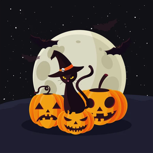 Тыква с черной кошкой в сцене Хэллоуина — стоковый вектор