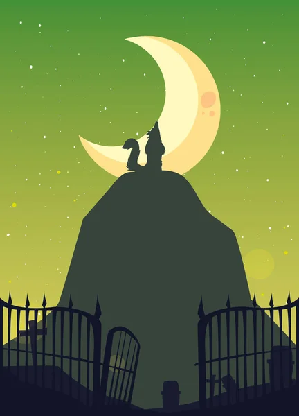 Lobo aullando con luna en escena del cementerio — Vector de stock