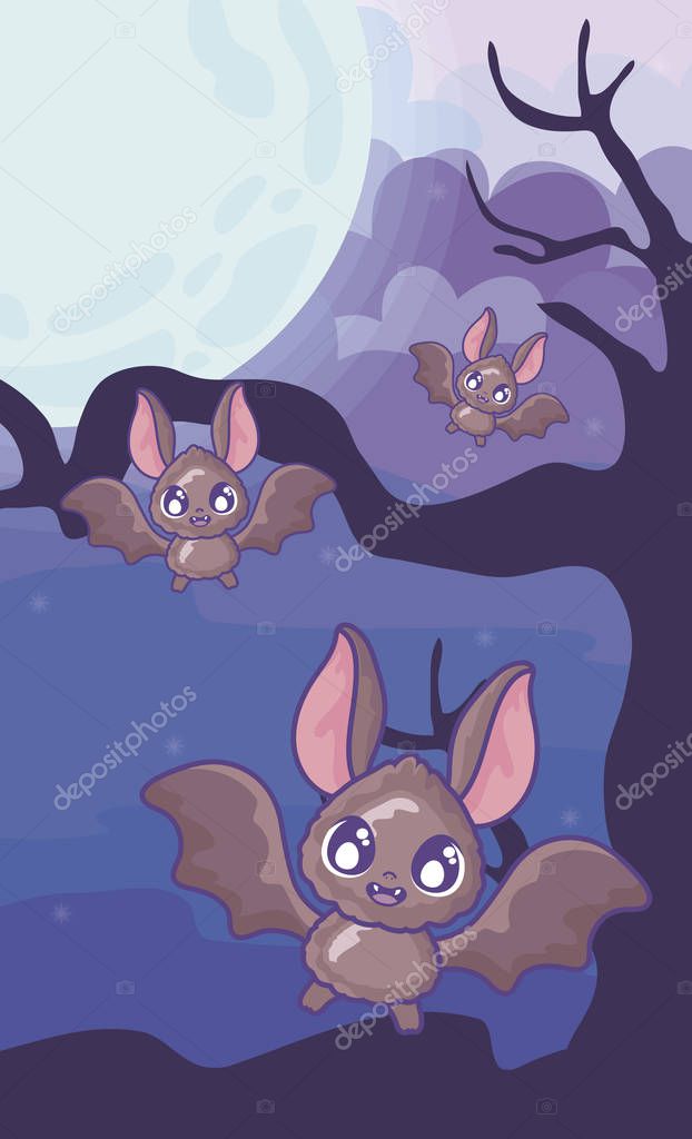 bats flying with moon in scene of halloween