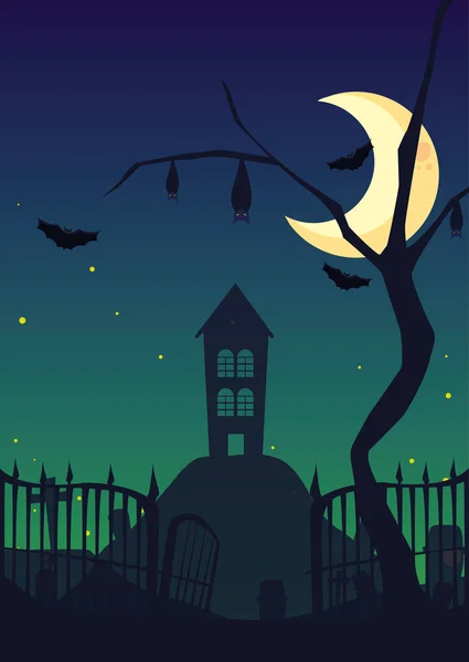 Aterrador castillo con luna en escena de halloween — Vector de stock