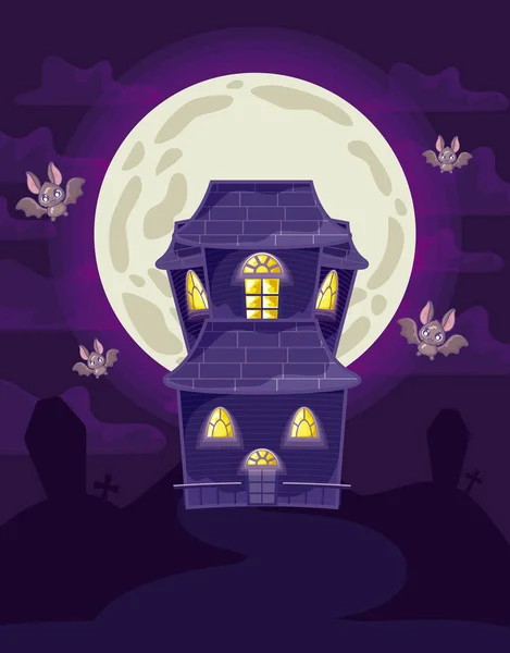 Aterrador castillo con luna en escena cementerio — Vector de stock