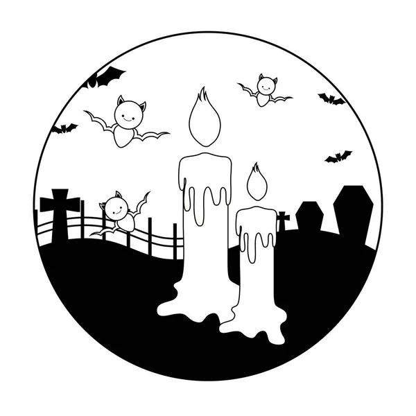 Dibujos animados de velas con iconos en la escena halloween — Vector de stock