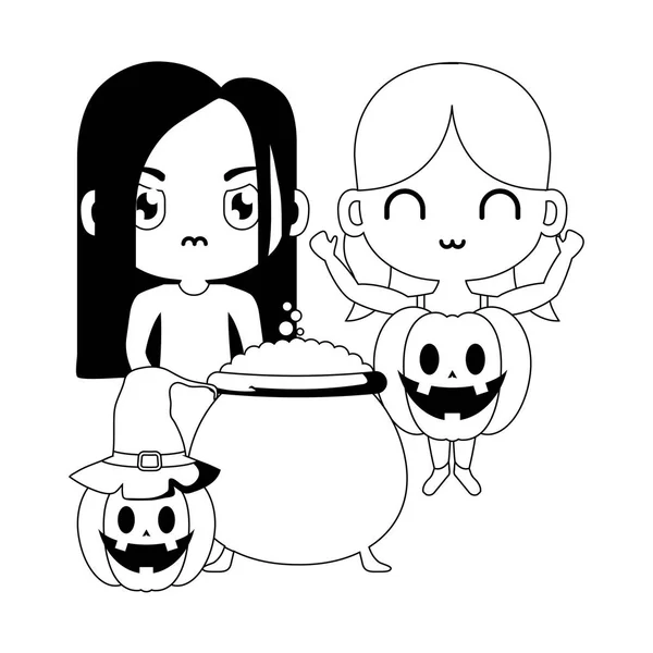 Schattige kinderen vermomd met pictogrammen Halloween — Stockvector