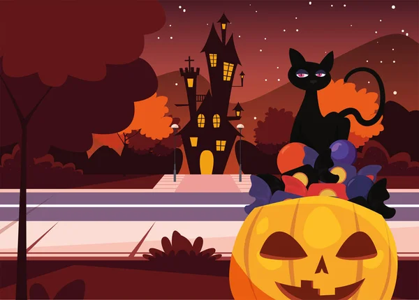Kürbis mit schwarzer Katze in Szene zu Halloween — Stockvektor