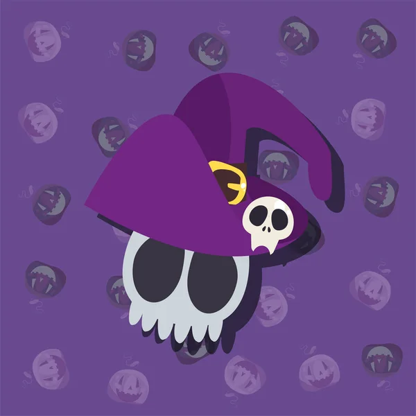 Crâne de mort avec chapeau de sorcier en arrière-plan coloré — Image vectorielle