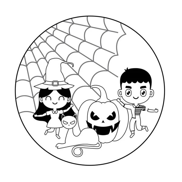 Scena di bambini travestiti con icone di Halloween — Vettoriale Stock