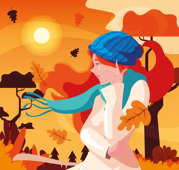 Женщина в шляпе в осеннем пейзаже — стоковый вектор