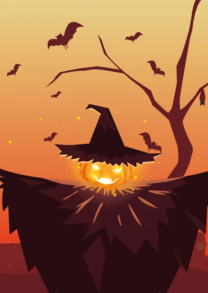 Citrouille d'Halloween avec chapeau de sorcière dans la scène du cimetière — Image vectorielle